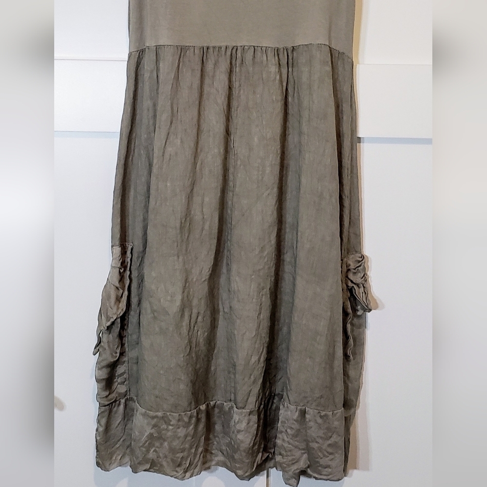 Sweetissima Italy Made Linen Sleeveless Midi Dress Floweretts Olive Gree… - Picture 14 of 16